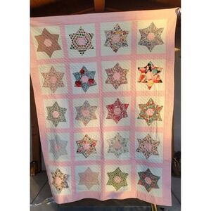 Vintage Handmade 8 Point Star Quilt Pink Floral Hand Quilted 86x84 Cottage